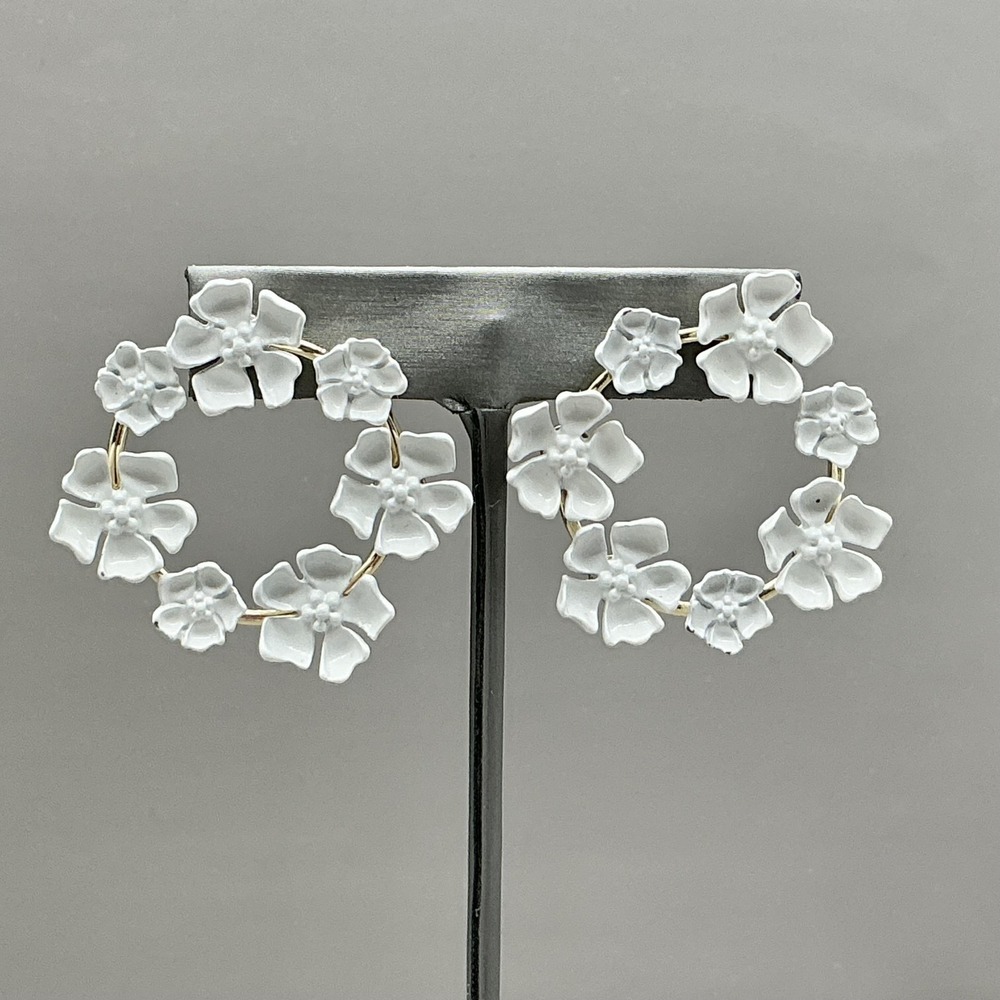 Sugarfix Earrings White Enamel Flower Hoop‎ Gold Tone Statement Jewelry Womens